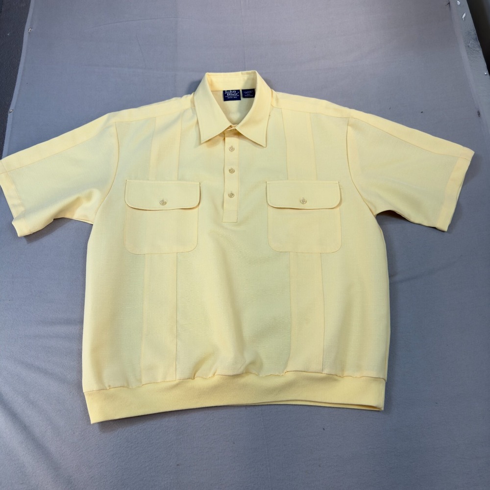 Vintage John Blair Shirt XL Yellow Banded Waist Short Sleeve Knit Men's Pullover
